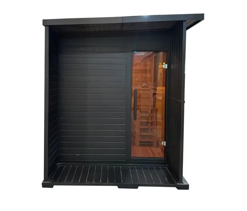 Compact Black Outdoor Sauna with Side Glass front elevation reference