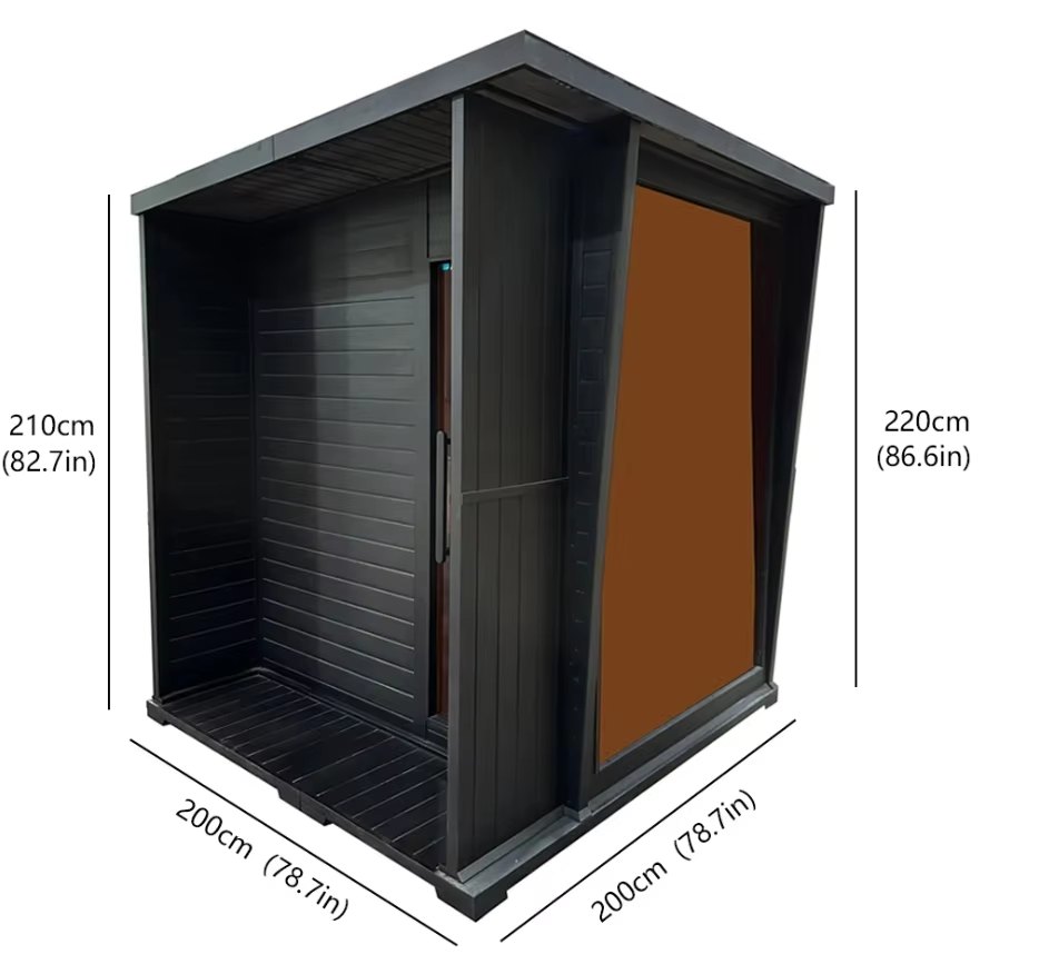 Compact Black Outdoor Sauna with Side Glass dimension reference