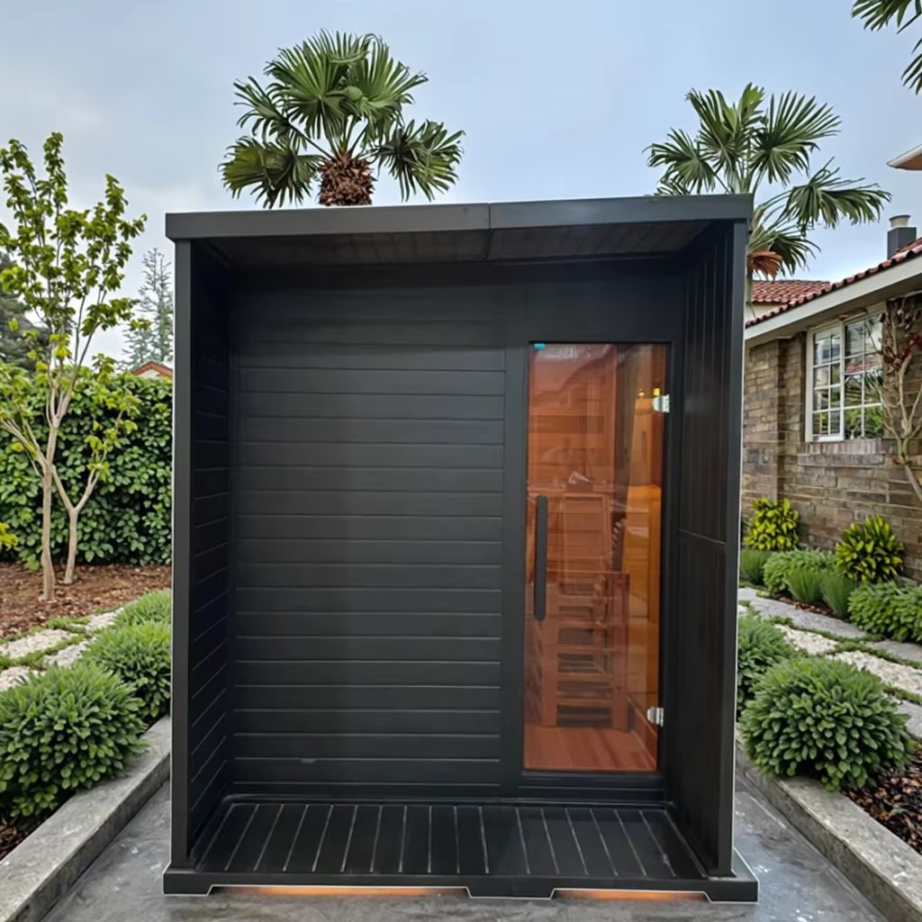 Compact Black Outdoor Sauna with Side Glass garden installation view