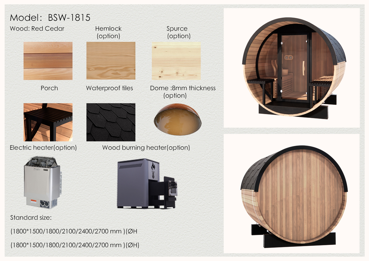 Red Cedar Outdoor Barrel Sauna with Glass-Front Option source-listed material size and heater options