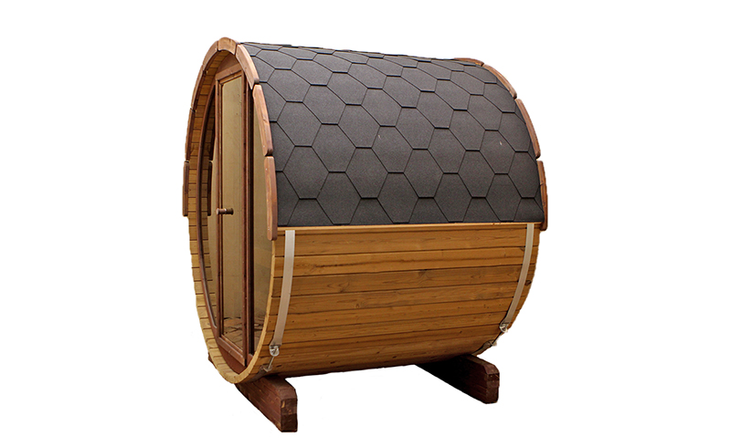 Red Cedar Outdoor Barrel Sauna with Glass-Front Option angled exterior view