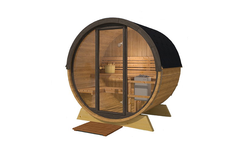 Red Cedar Outdoor Barrel Sauna with Glass-Front Option illustrated glass-front option