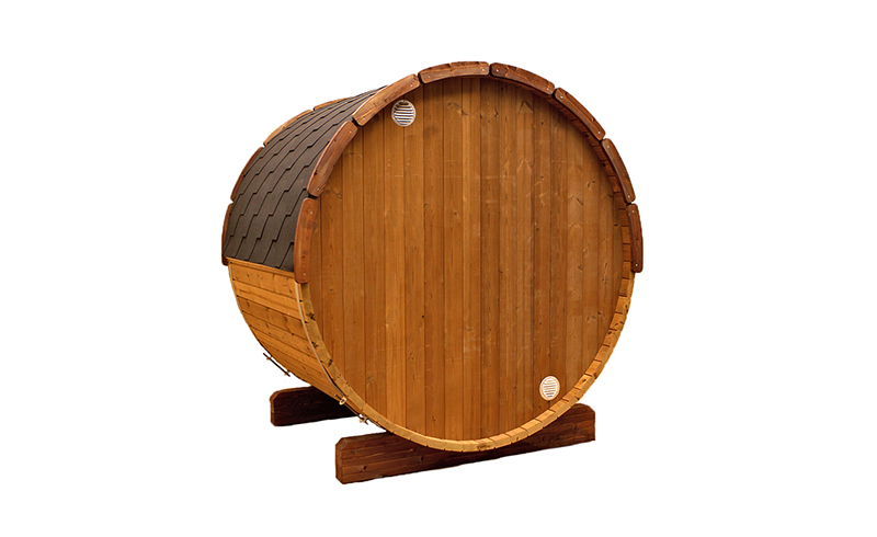 Red Cedar Outdoor Barrel Sauna with Glass-Front Option rear exterior view