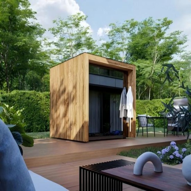 Contemporary Outdoor Wooden Sauna House with Open Porch CSA-607 Exterior angle