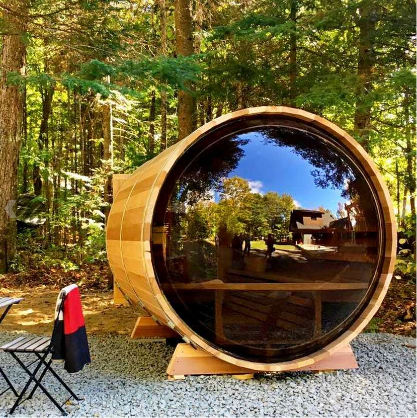 Eight-Person Red Cedar Barrel Sauna with Full-Round Glass Front product image