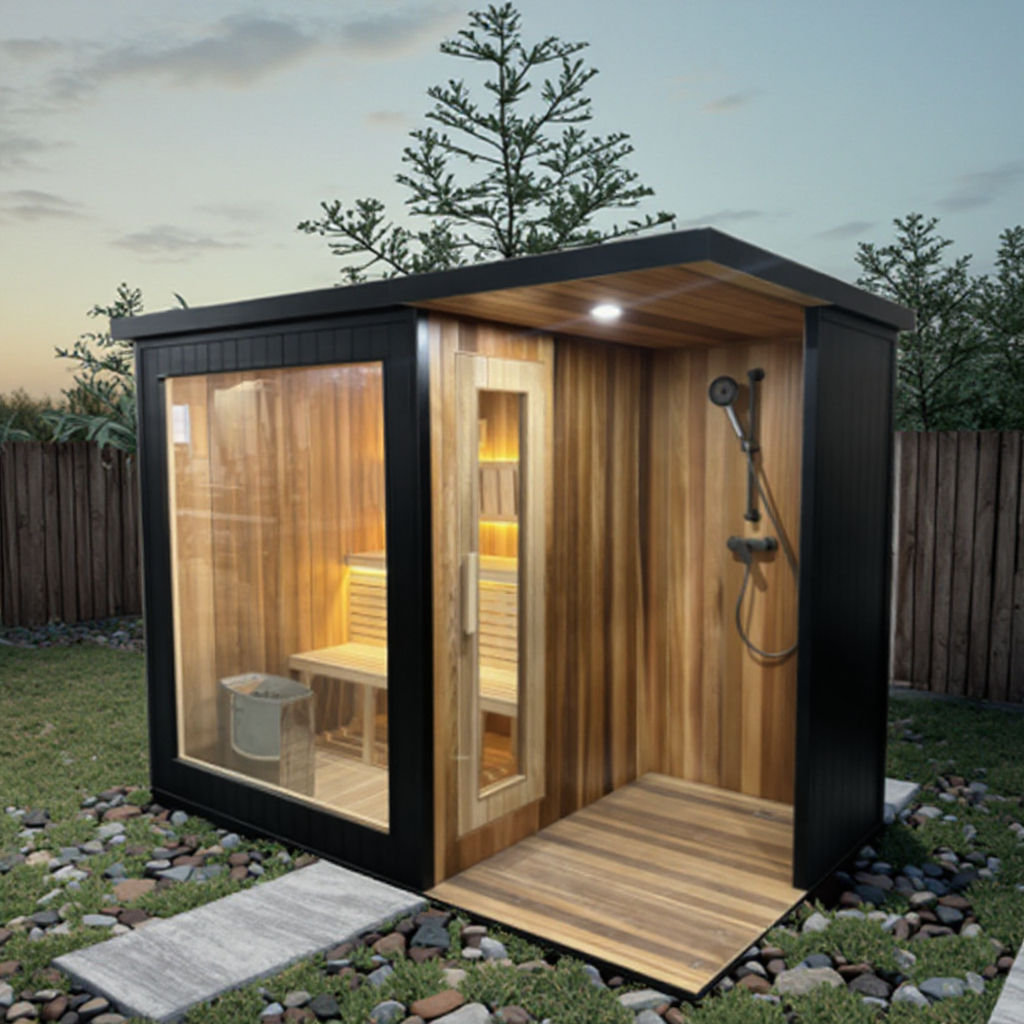 Outdoor Sauna Shower Lounge Cabin with Carbonized Wood Finish product image