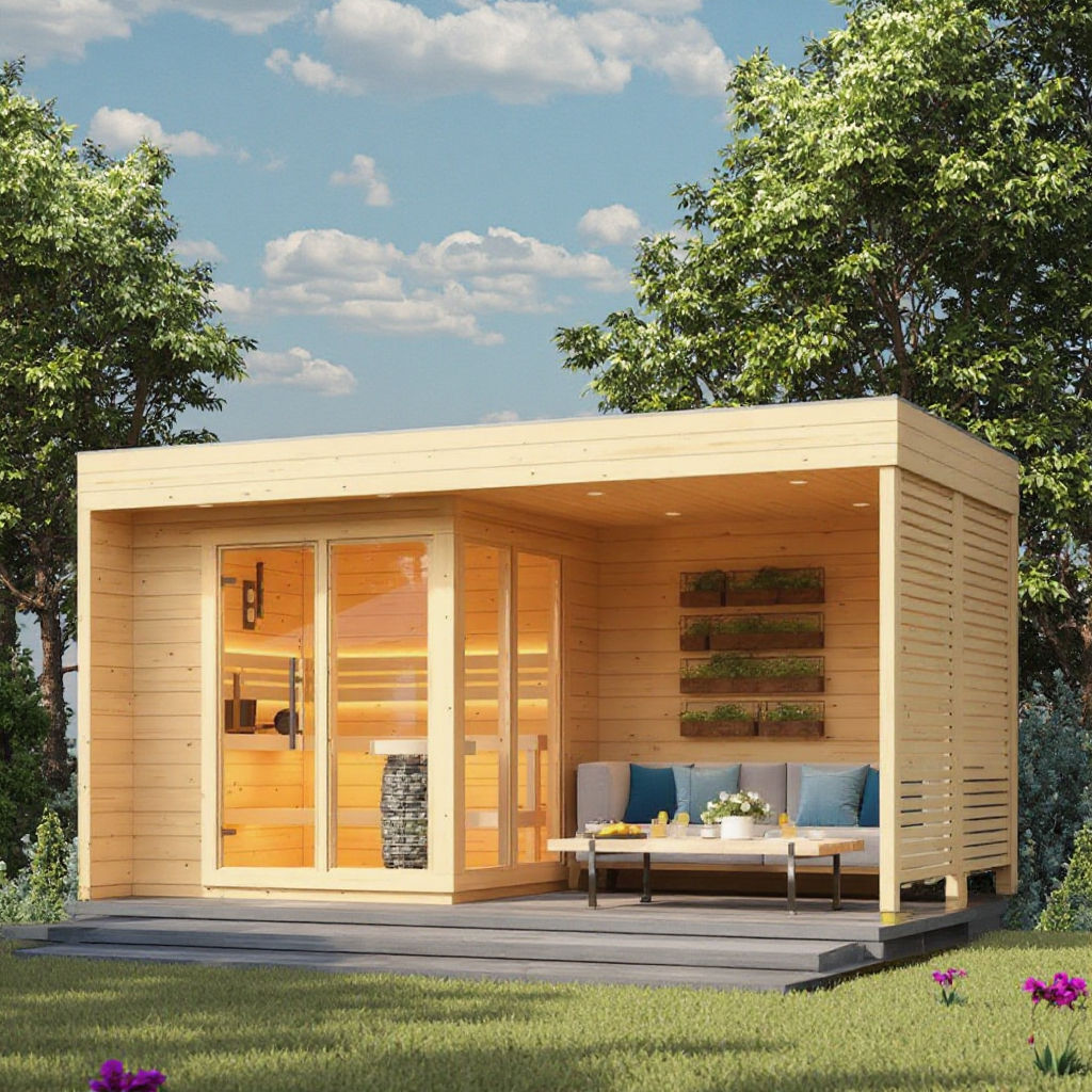 Outdoor Sauna Shower Lounge Cabin with Carbonized Wood Finish CSA-617 Exterior angle