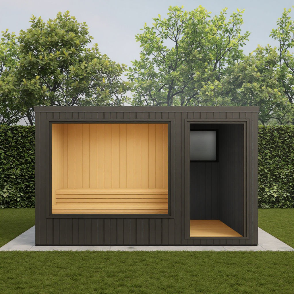 Outdoor Sauna Shower Lounge Cabin with Carbonized Wood Finish CSA-617 Interior view