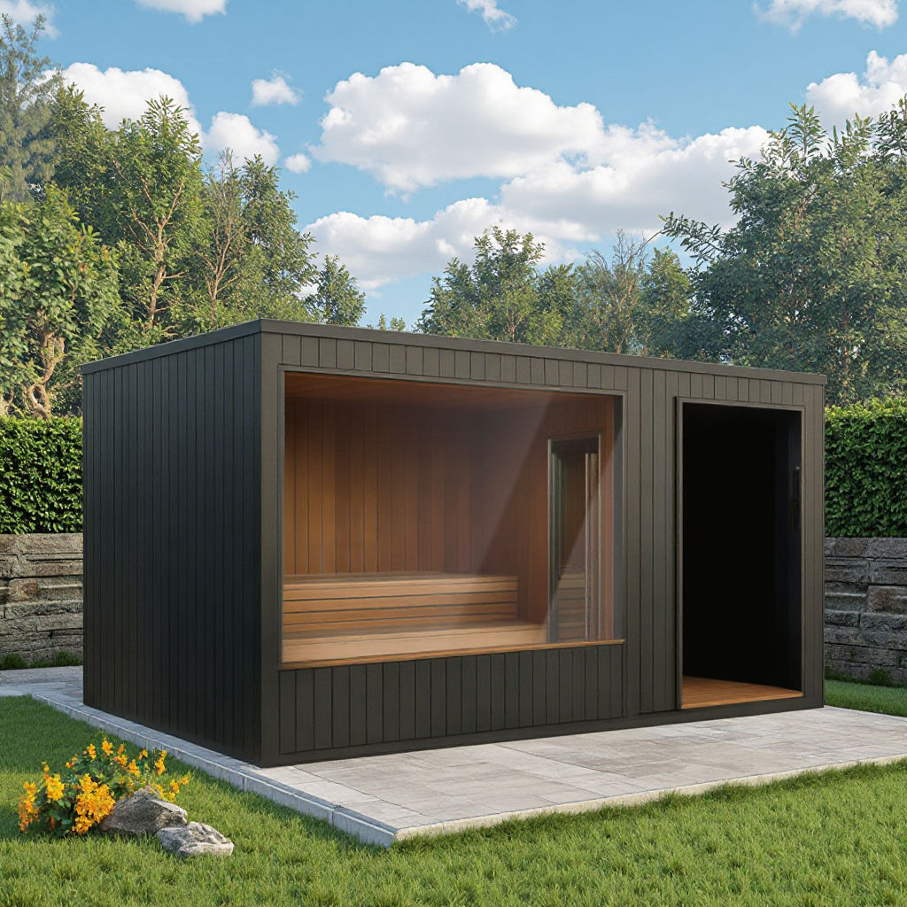 Outdoor Sauna Shower Lounge Cabin with Carbonized Wood Finish CSA-617 Door and glass
