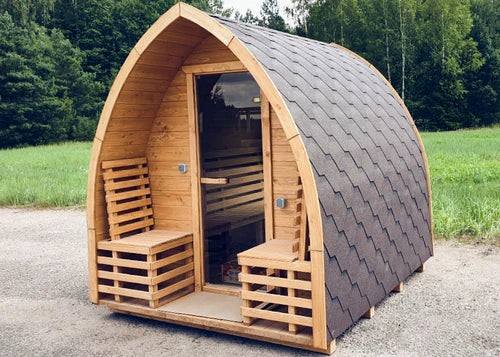 Scandinavian Arched Outdoor Sauna Pod with Shingle Roof CSA-621 Exterior angle