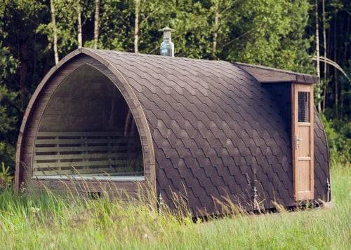 Scandinavian Arched Outdoor Sauna Pod with Shingle Roof CSA-621 Door and glass
