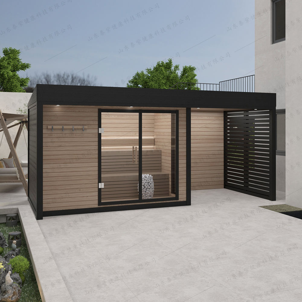 Modern Glass Wall Outdoor Sauna Cabin with Side Service Bay CSA-624 Exterior angle