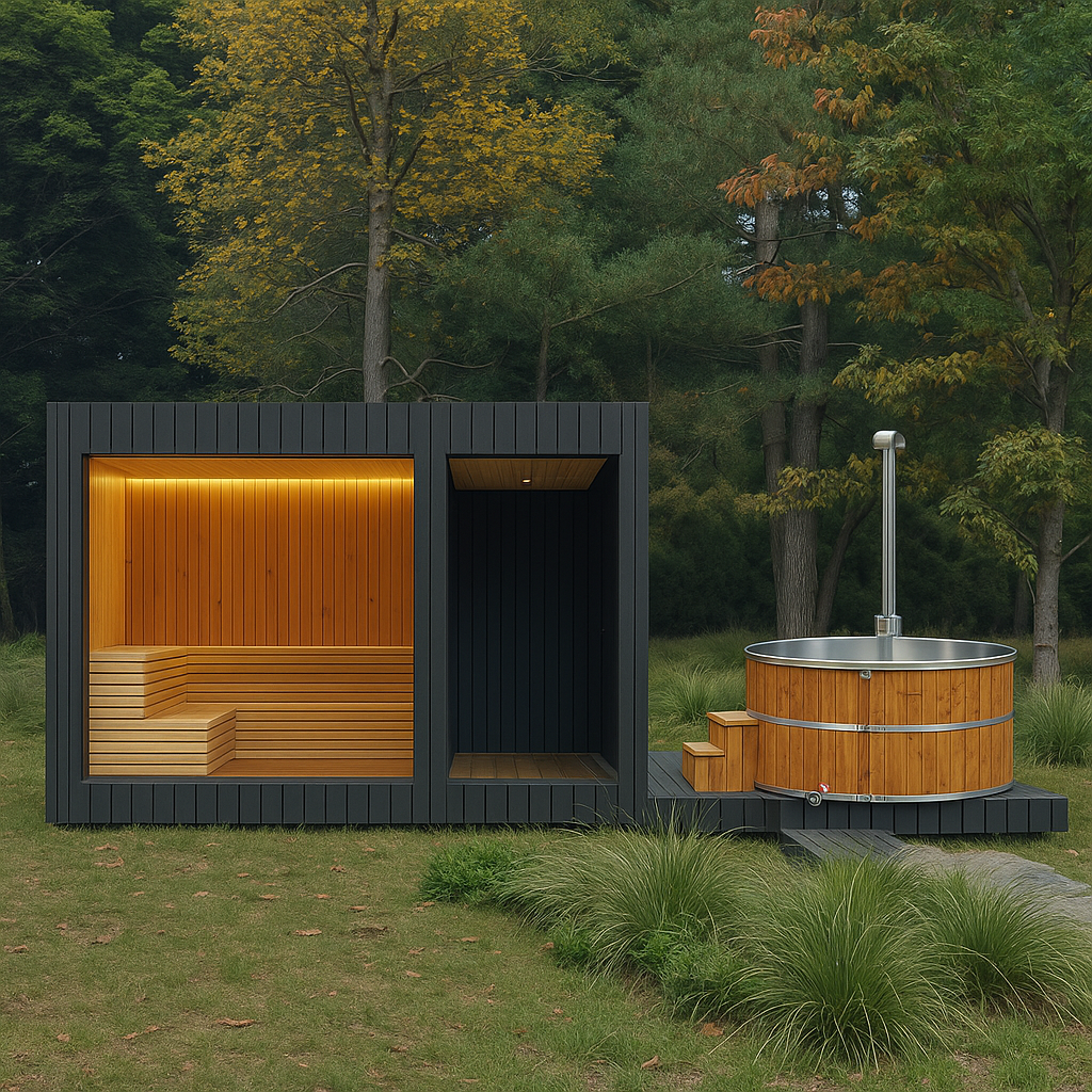 Black Frame Outdoor Sauna Cabin with Round Hot Tub Deck CSA-625 Exterior angle