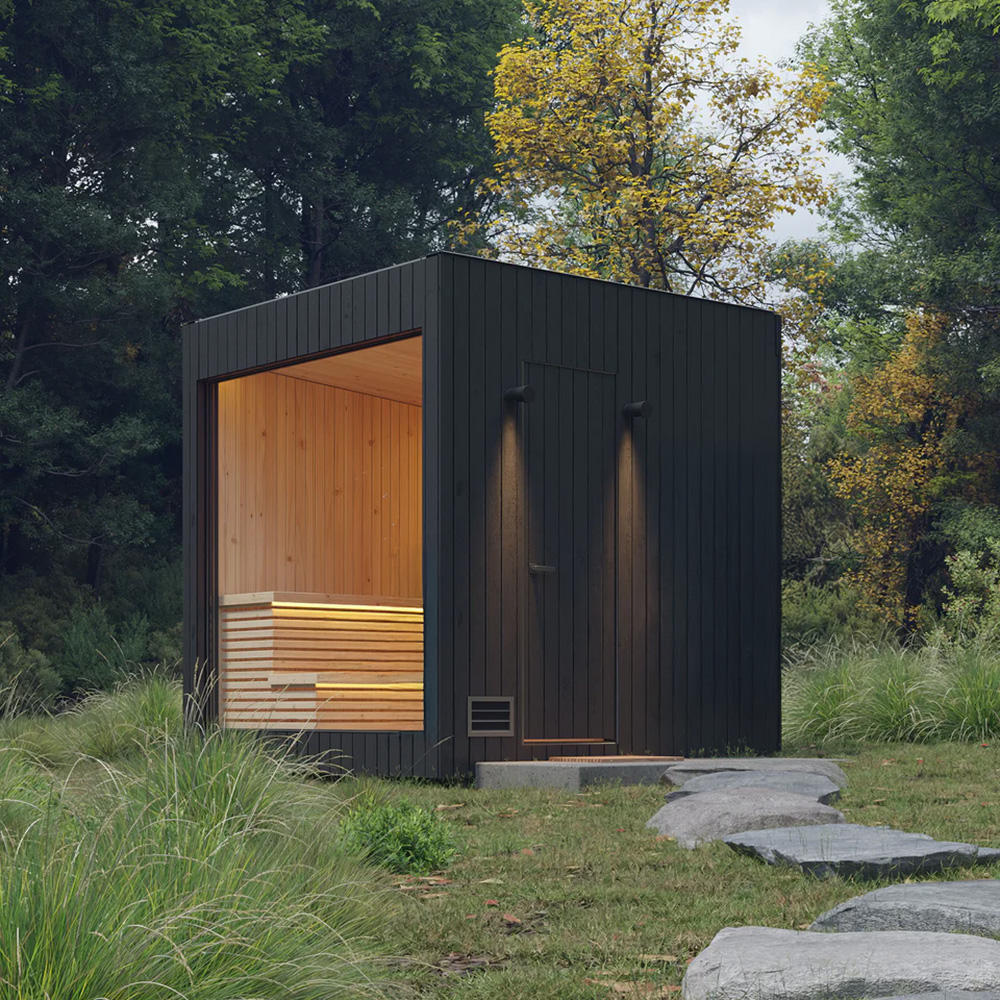 Black Frame Outdoor Sauna Cabin with Round Hot Tub Deck CSA-625 Interior view