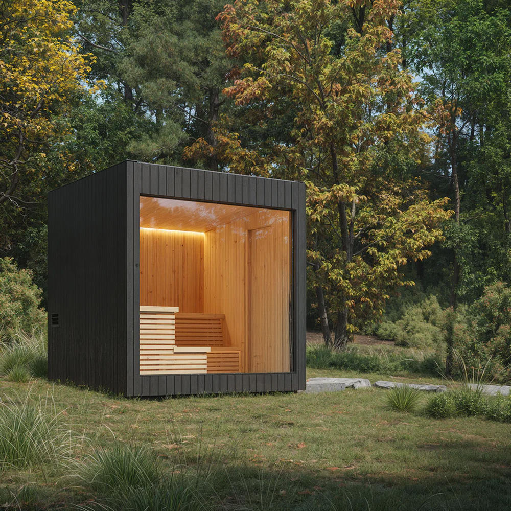 Black Frame Outdoor Sauna Cabin with Round Hot Tub Deck CSA-625 Buyer reference