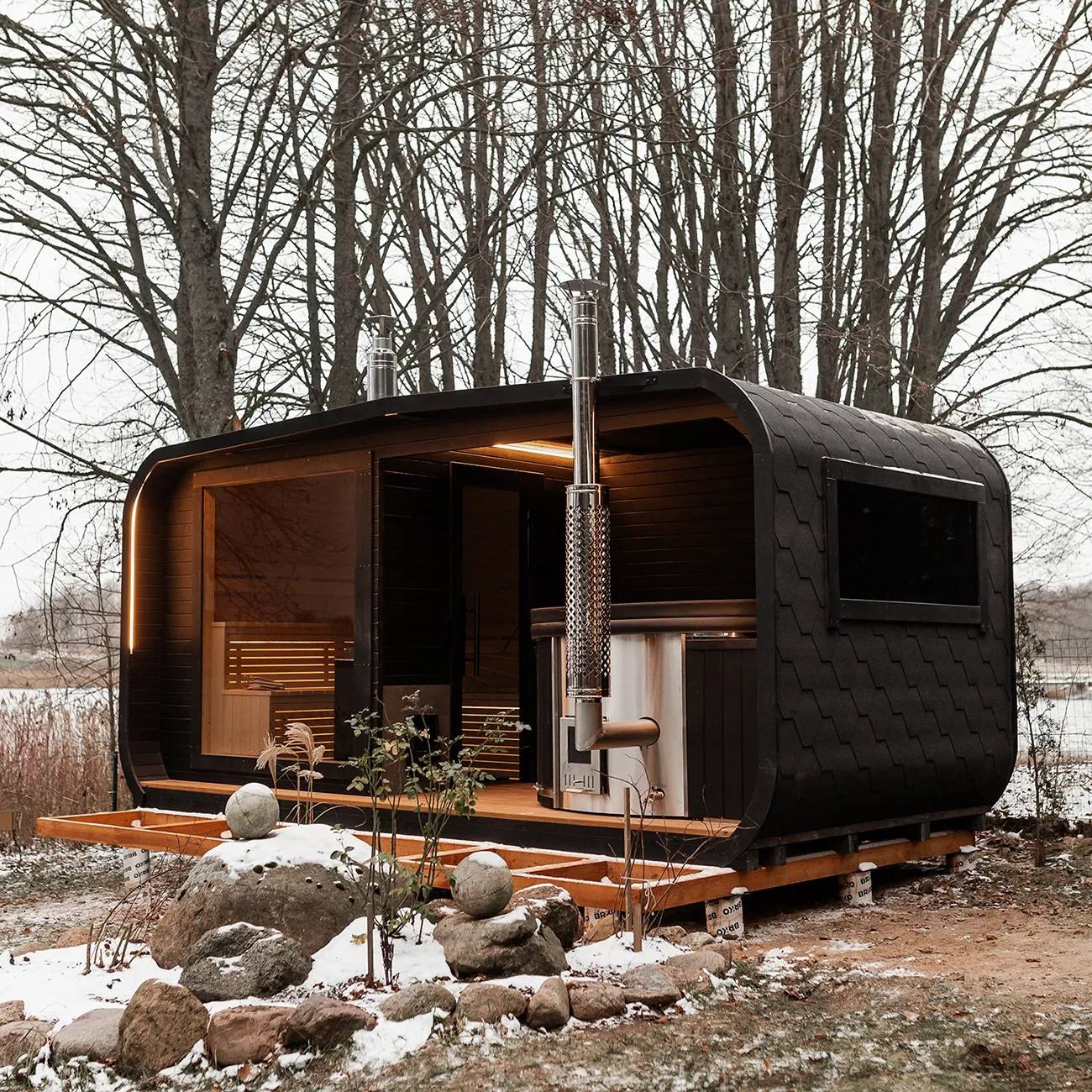 Black Streamlined Wood-Fired Sauna Cabin with Cold Plunge Deck product image