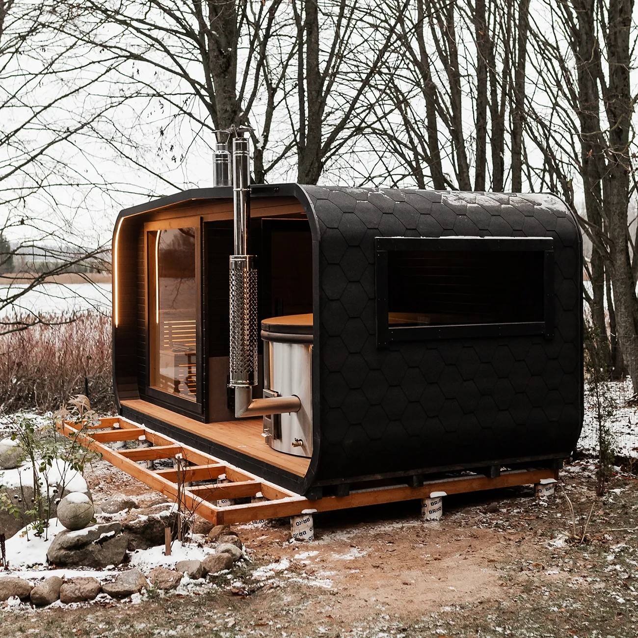 Black Streamlined Wood-Fired Sauna Cabin with Cold Plunge Deck CSA-627 Exterior angle