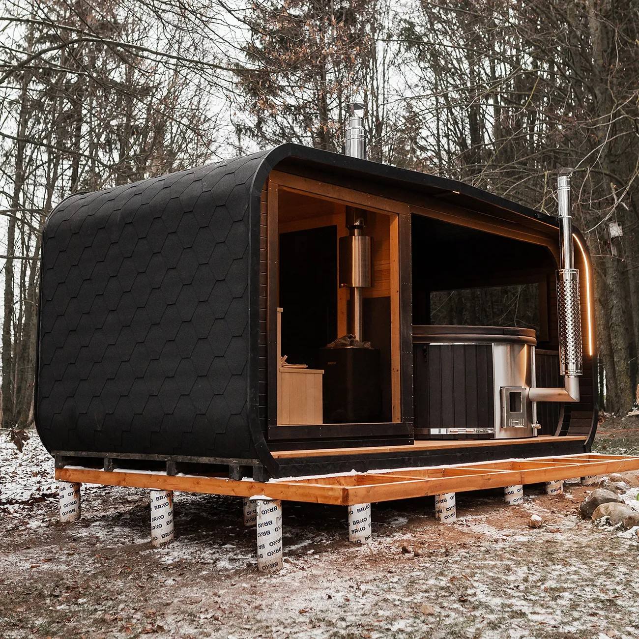 Black Streamlined Wood-Fired Sauna Cabin with Cold Plunge Deck CSA-627 Interior view