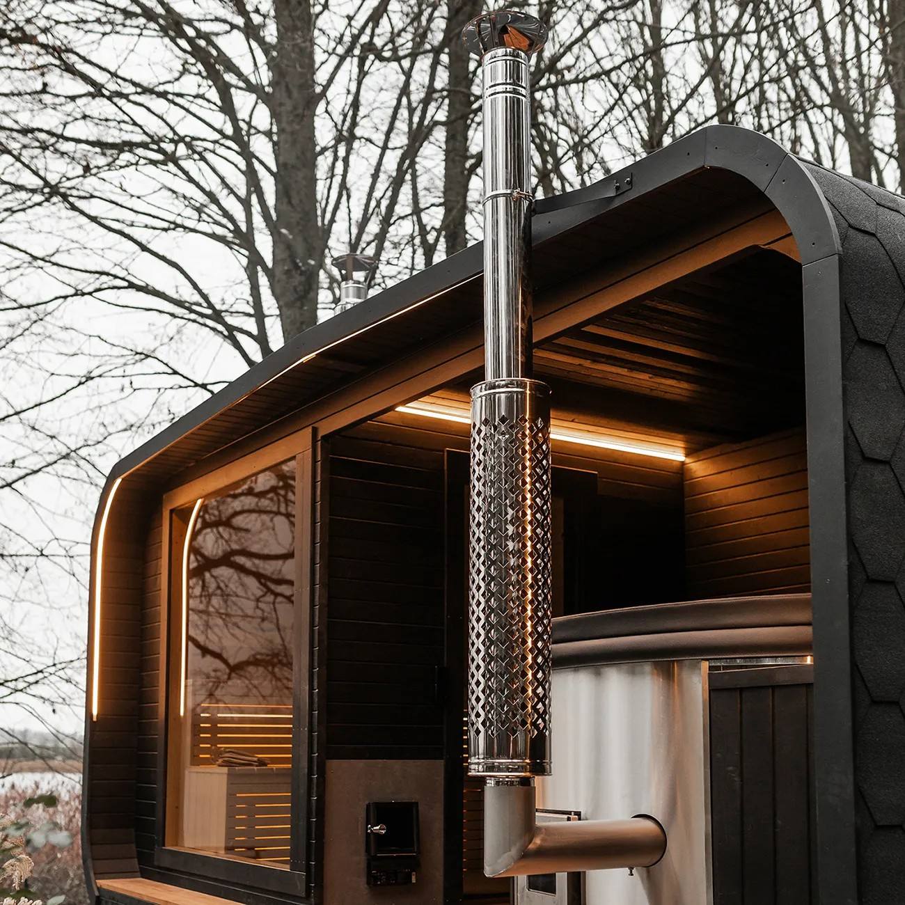 Black Streamlined Wood-Fired Sauna Cabin with Cold Plunge Deck CSA-627 Door and glass
