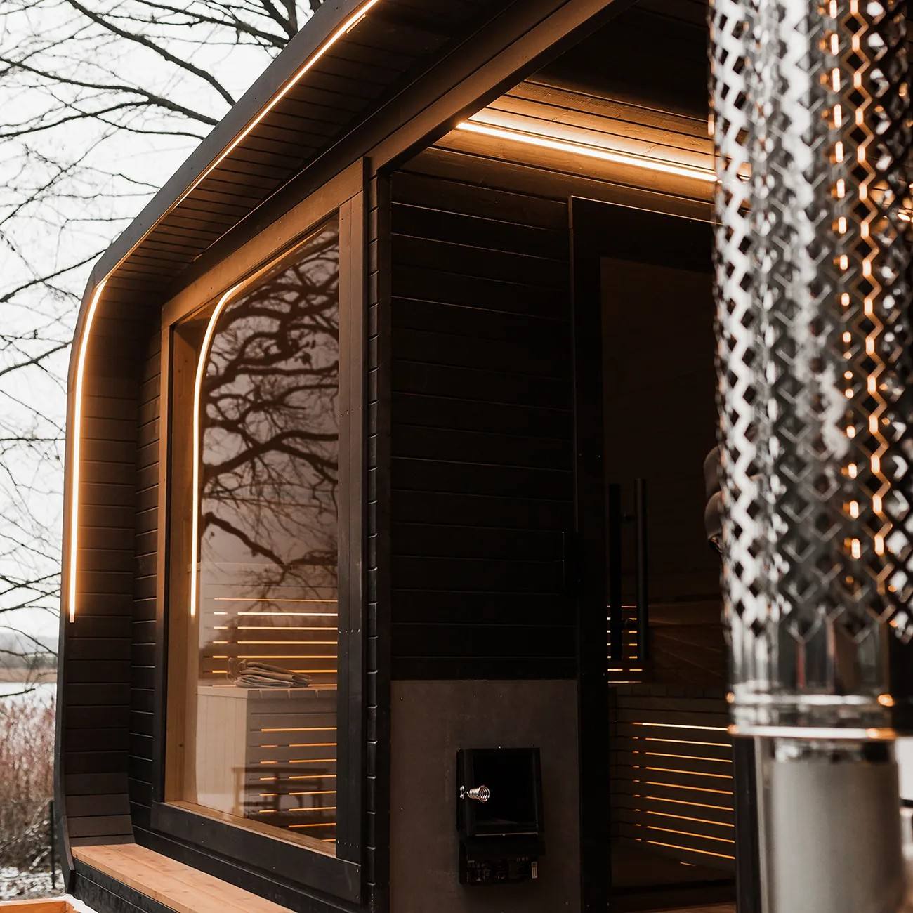 Black Streamlined Wood-Fired Sauna Cabin with Cold Plunge Deck CSA-627 Side profile