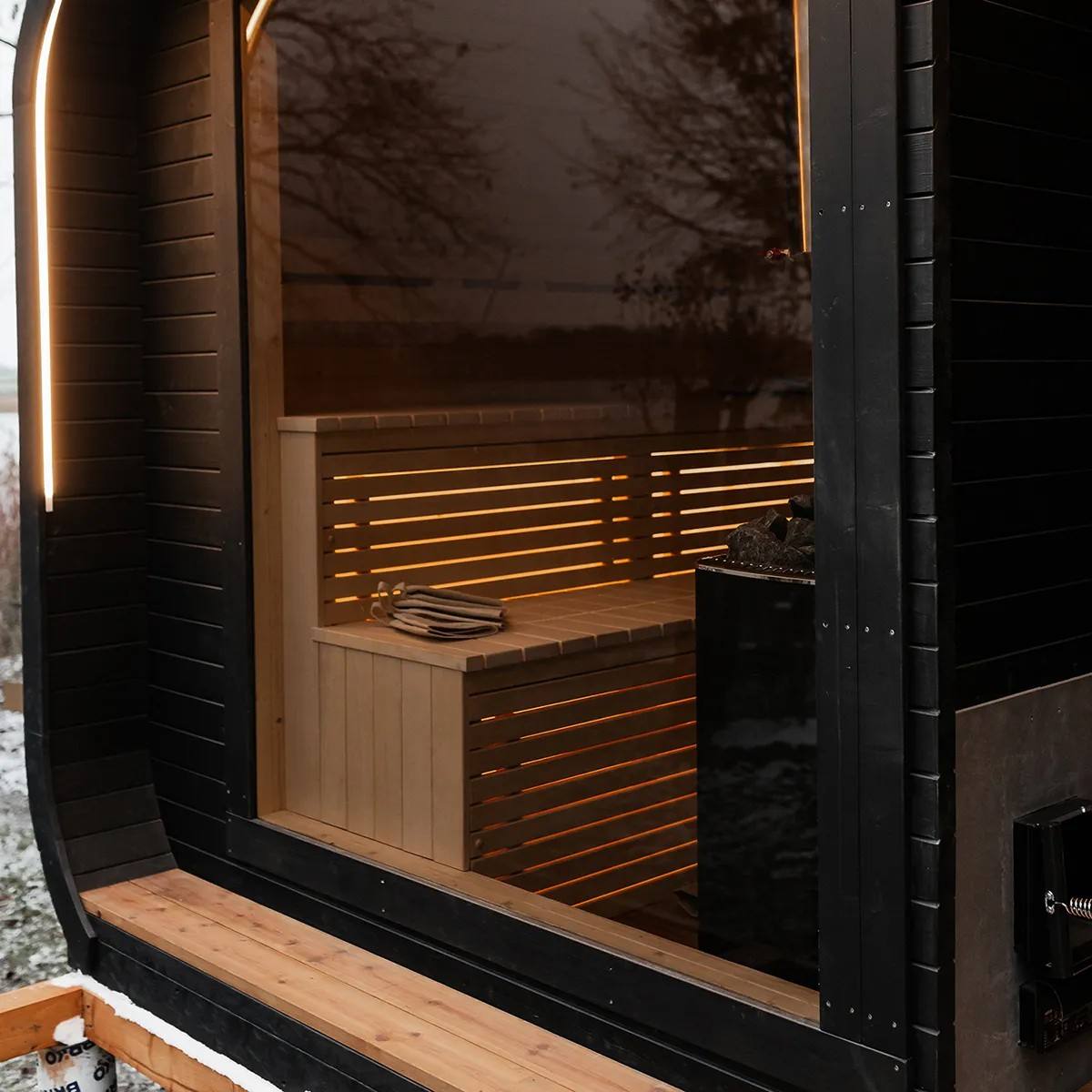Black Streamlined Wood-Fired Sauna Cabin with Cold Plunge Deck CSA-627 Buyer reference