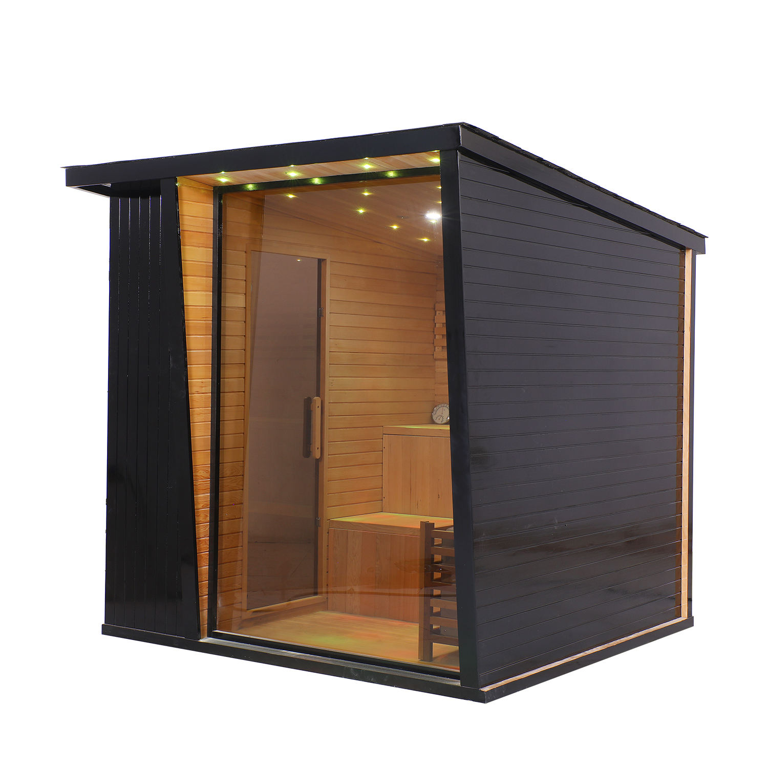 Compact Black Red Cedar Square Sauna Cabin with Front Glass product image