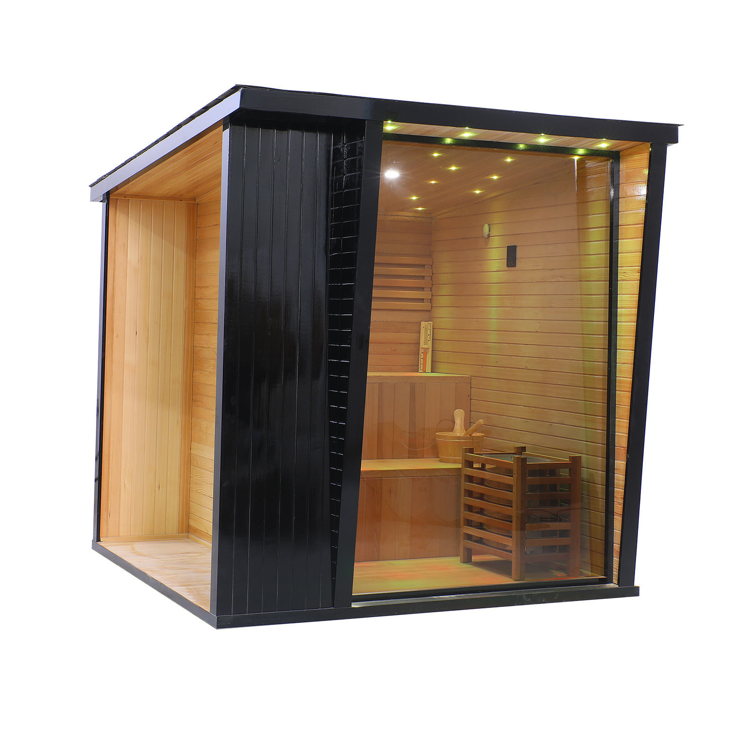 Compact Black Red Cedar Square Sauna Cabin with Front Glass CSA-628 Exterior angle