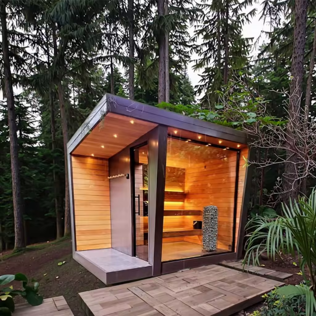 Sloped Roof Spruce Outdoor Sauna Cabin with Glass Front product image