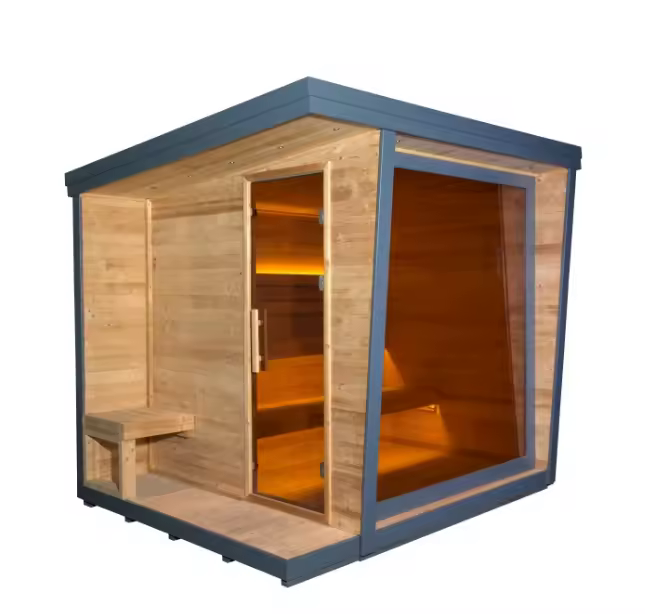 Sloped Roof Spruce Outdoor Sauna Cabin with Glass Front CSA-629 Exterior angle
