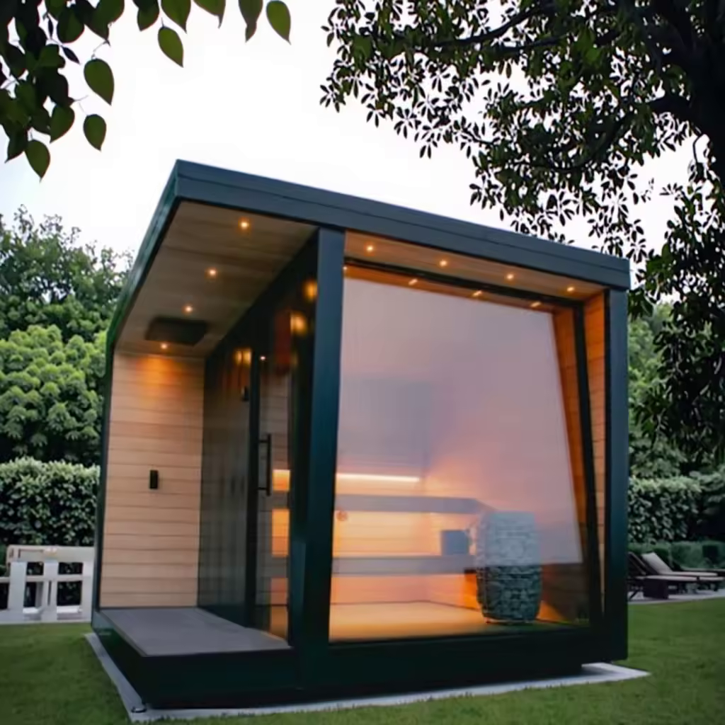 Sloped Roof Spruce Outdoor Sauna Cabin with Glass Front CSA-629 Interior view