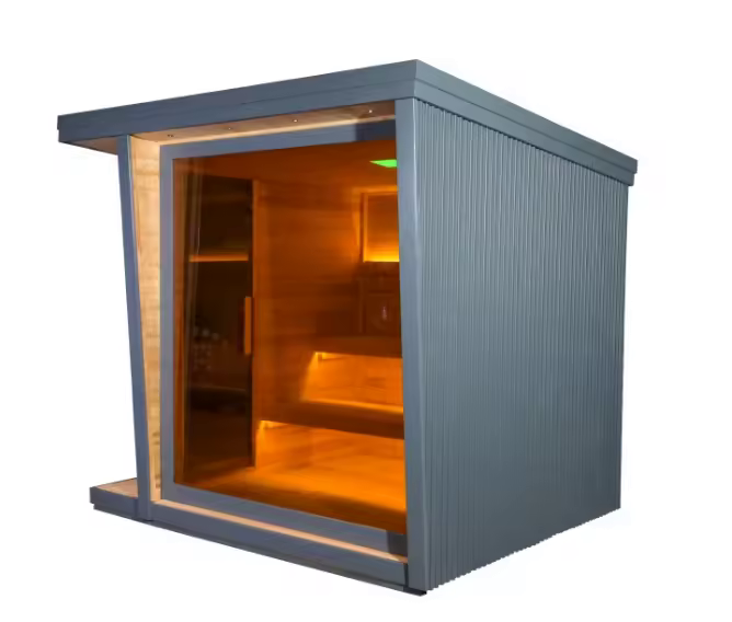 Sloped Roof Spruce Outdoor Sauna Cabin with Glass Front CSA-629 Side profile