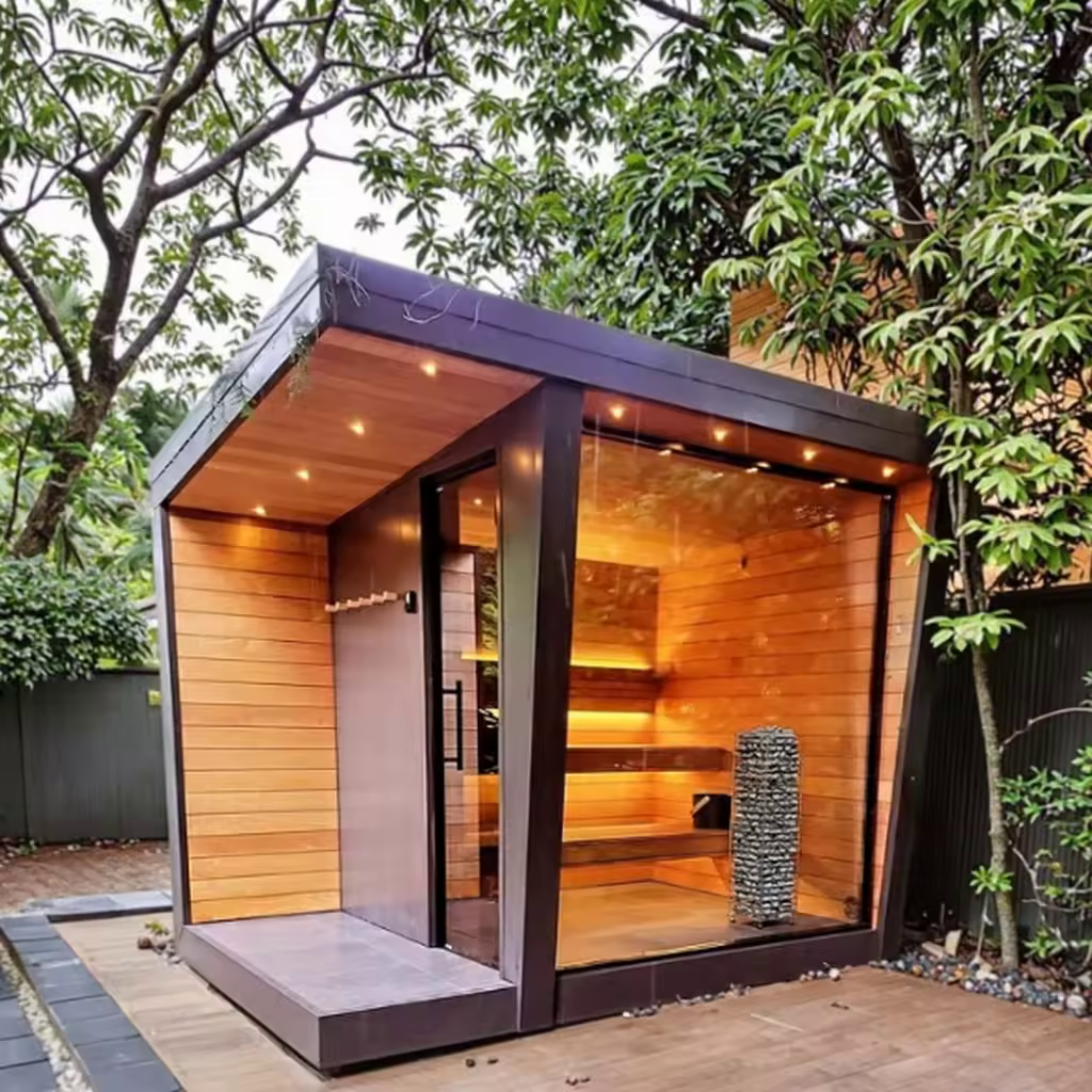 Sloped Roof Spruce Outdoor Sauna Cabin with Glass Front CSA-629 Buyer reference