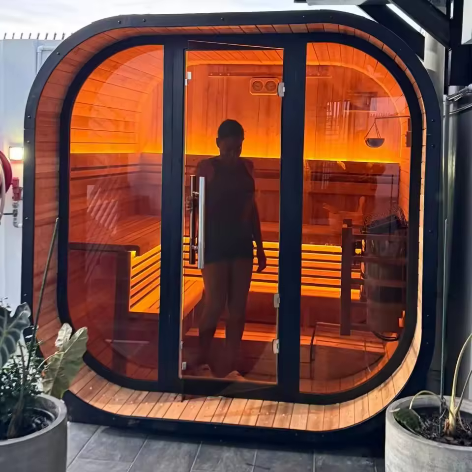 Rounded Spruce Outdoor Steam Sauna Room with Glass Front CSA-630 Exterior angle