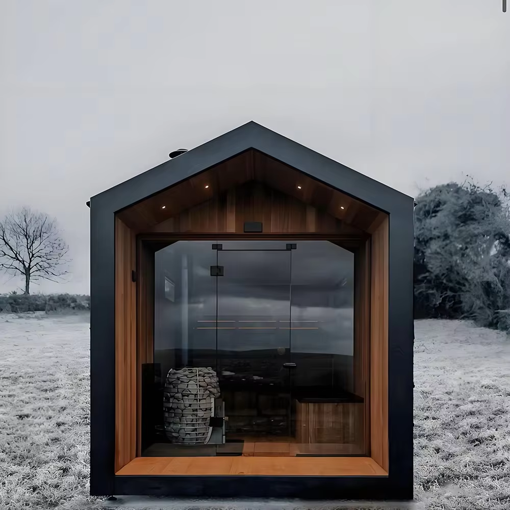 Gable Glass Front Outdoor Sauna Cabin with Chimney Option CSA-631 Exterior angle
