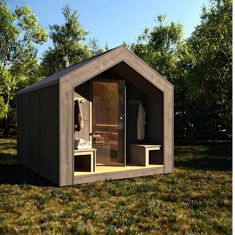 Gable Glass Front Outdoor Sauna Cabin with Chimney Option CSA-631 Side profile