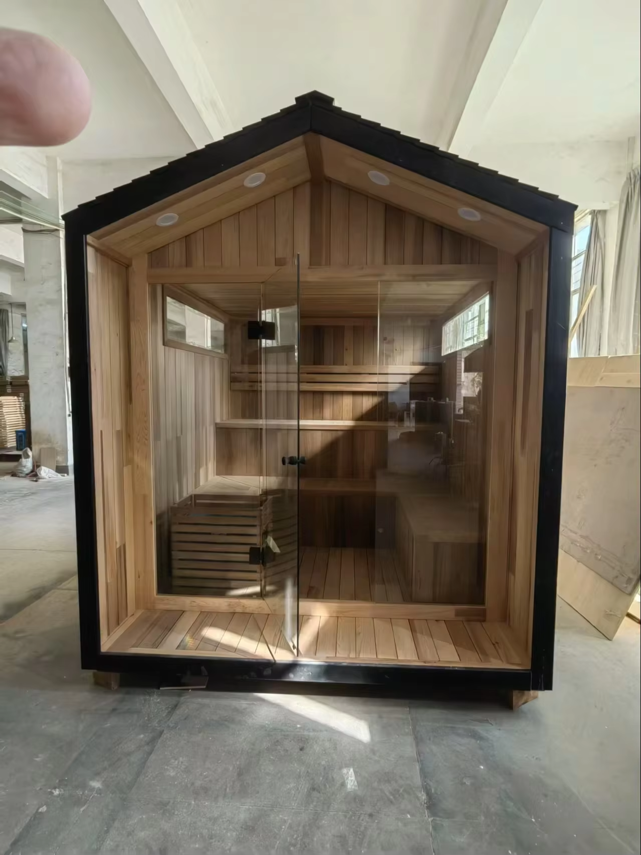 Gable Glass Front Outdoor Sauna Cabin with Chimney Option CSA-631 Buyer reference