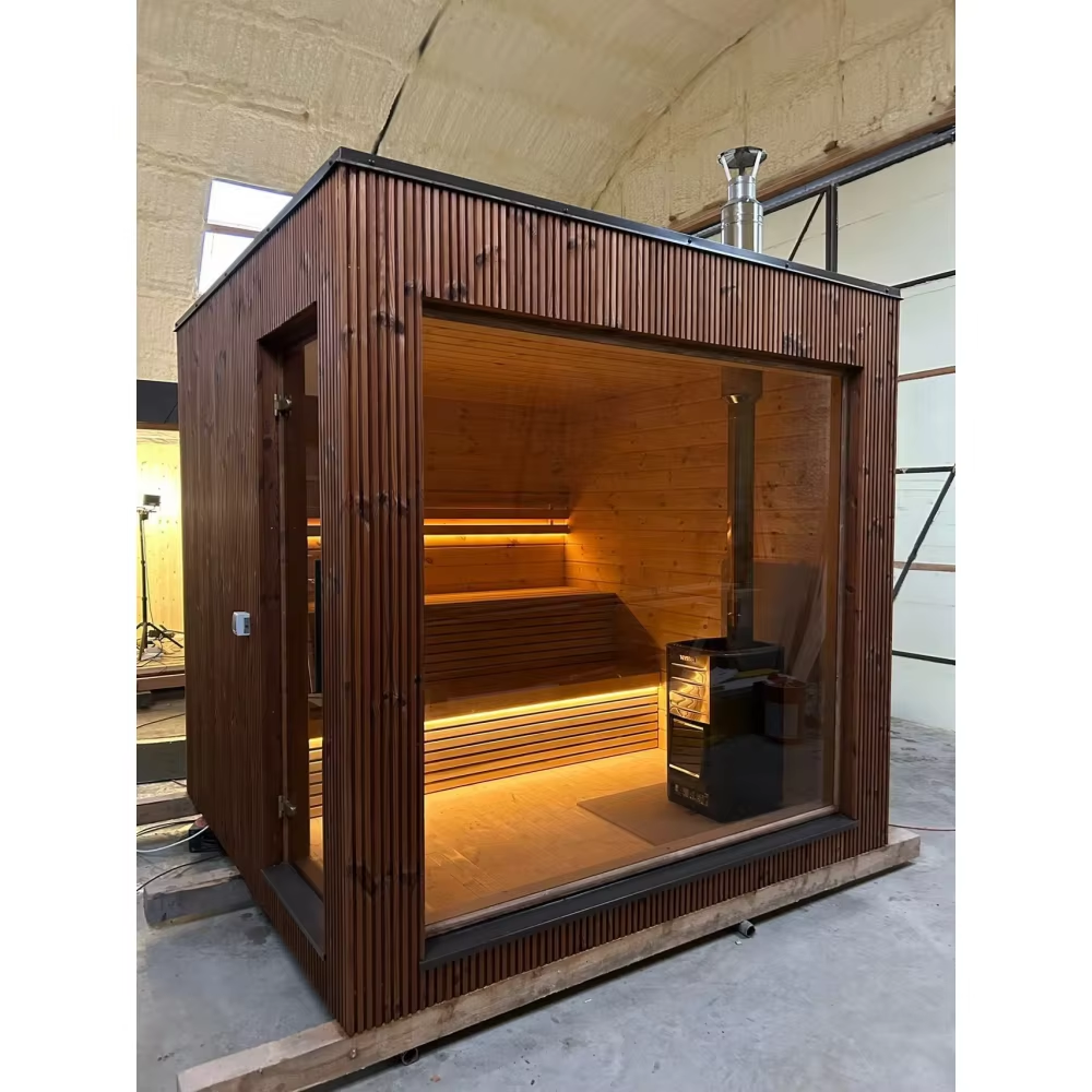 Natural Wood-Fired Cube Sauna Cabin with Wide Side Glass product image