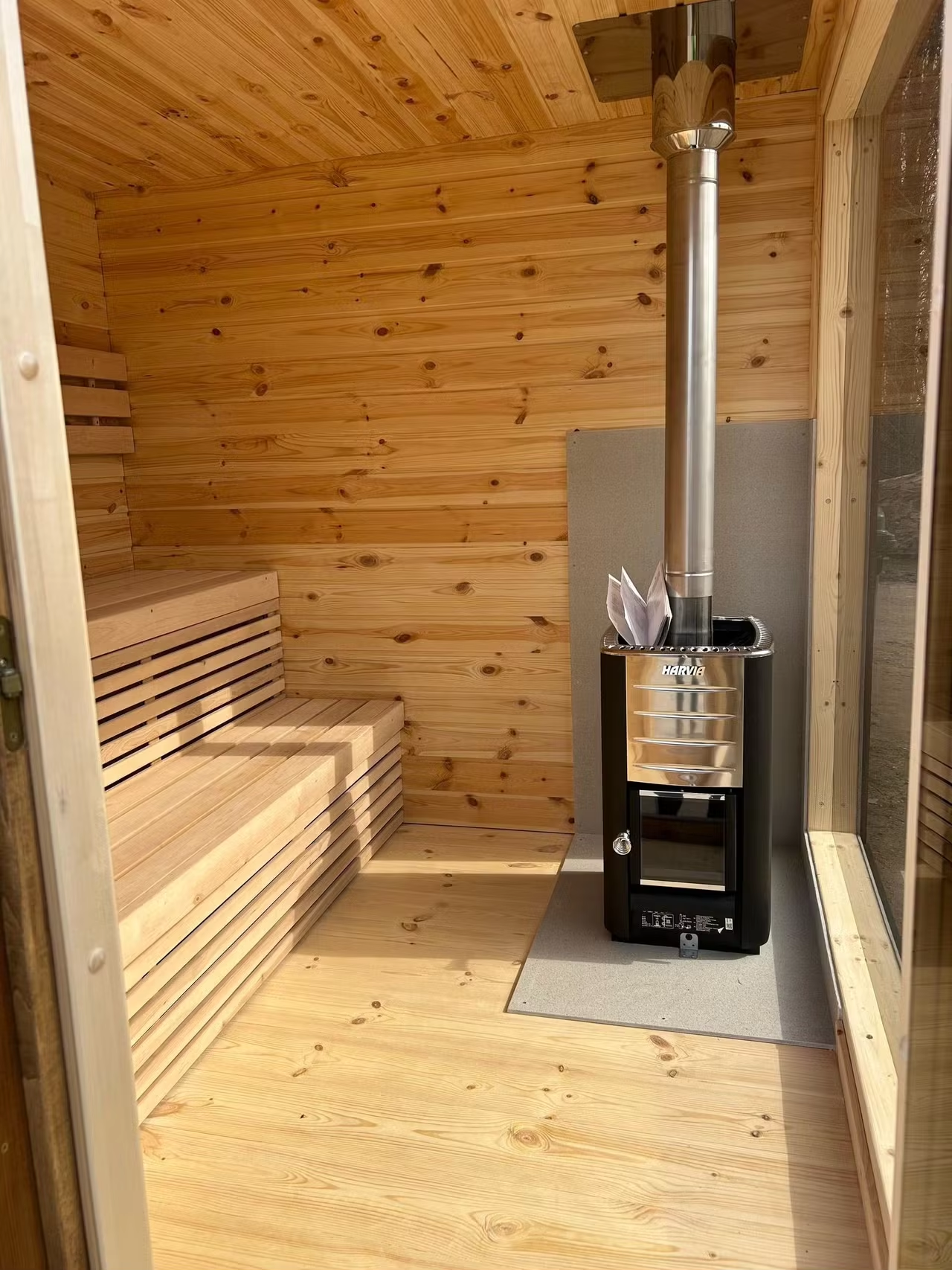 Natural Wood-Fired Cube Sauna Cabin with Wide Side Glass CSA-633 Interior view