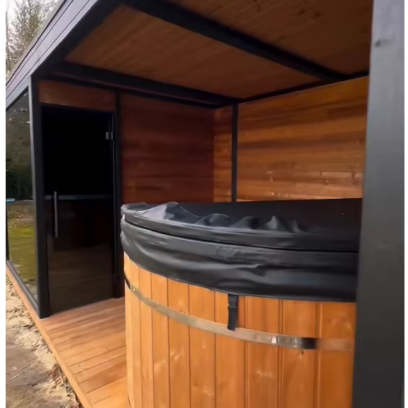 Integrated Glass Sauna Pavilion with Hot-Cold Tub Bay CSA-634 Side profile