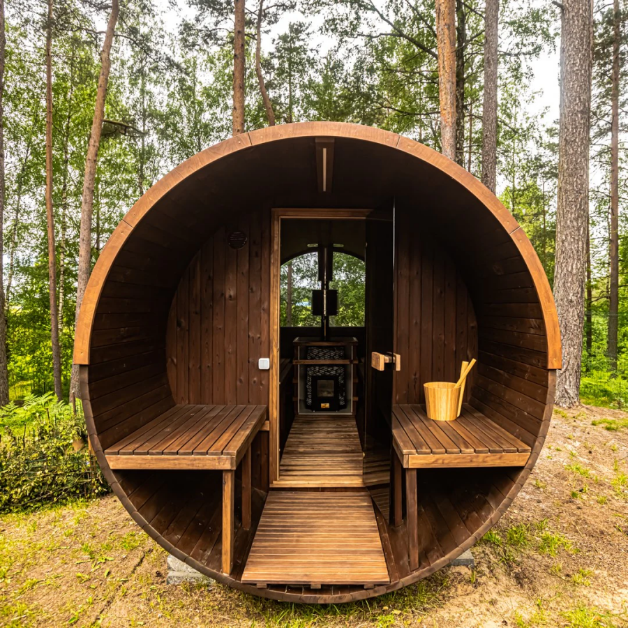 Extended Barrel Sauna with Covered Entry Deck and Panoramic Rear Window product image