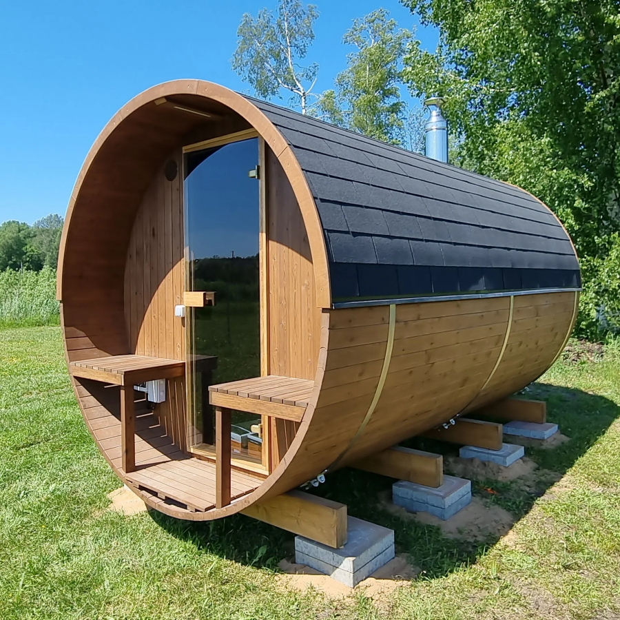 Extended Barrel Sauna with Covered Entry Deck and Panoramic Rear Window CSA-636 reference view 2