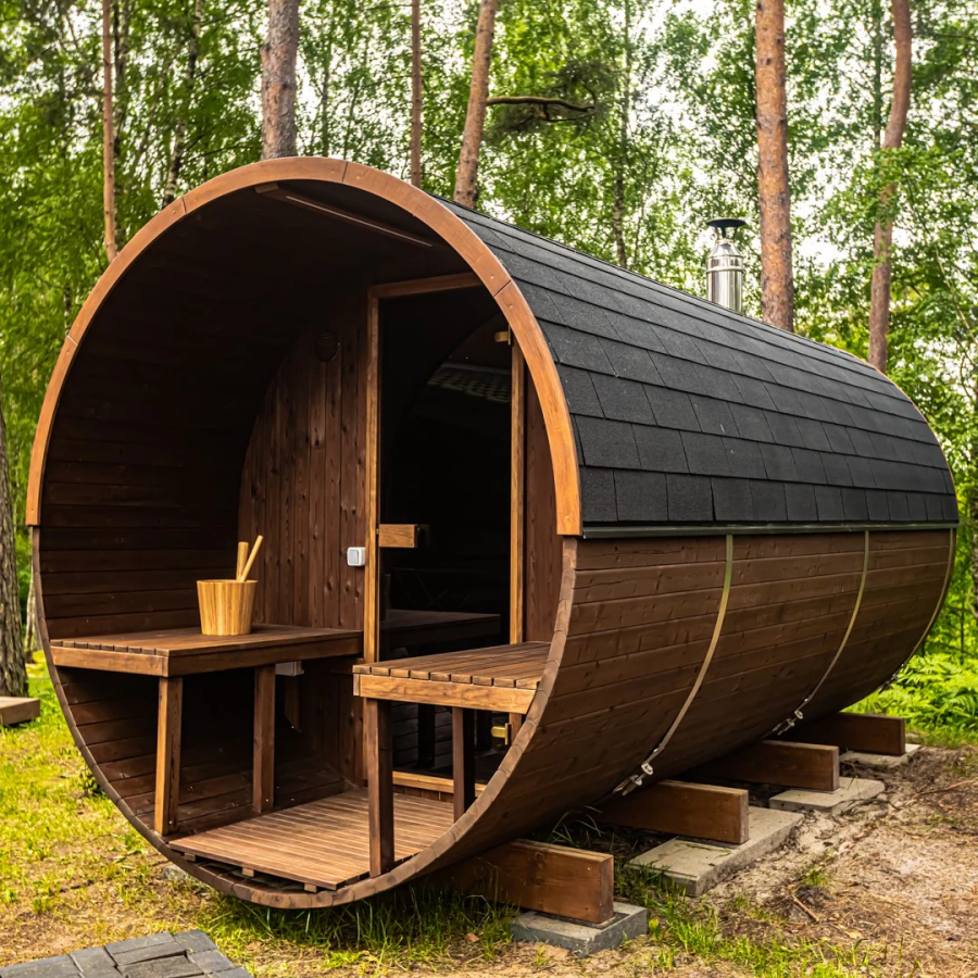 Extended Barrel Sauna with Covered Entry Deck and Panoramic Rear Window CSA-636 reference view 3