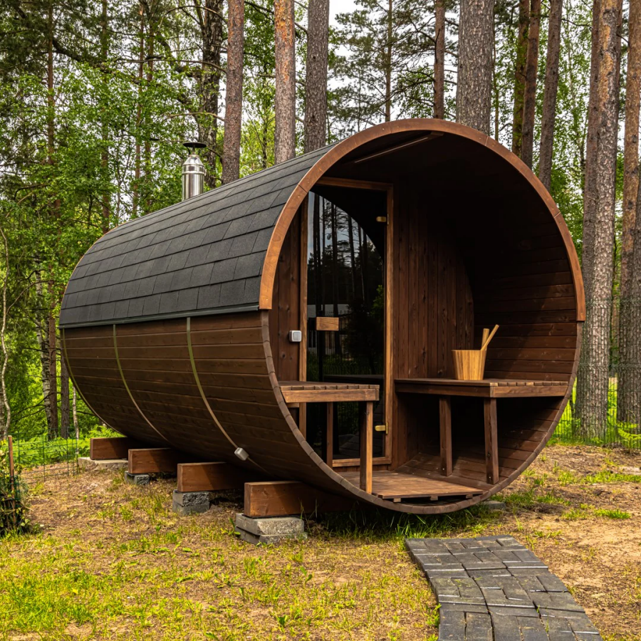 Extended Barrel Sauna with Covered Entry Deck and Panoramic Rear Window CSA-636 reference view 4