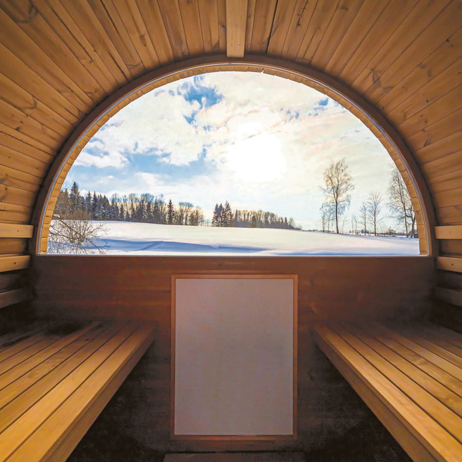 Extended Barrel Sauna with Covered Entry Deck and Panoramic Rear Window CSA-636 reference view 5