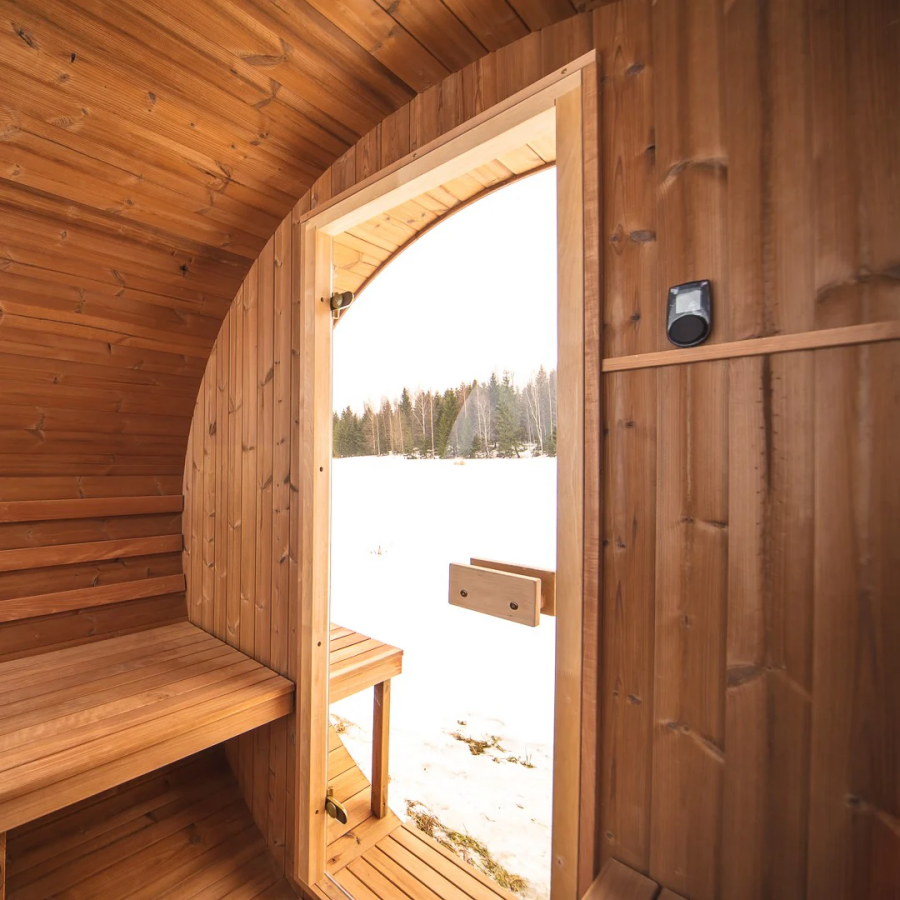 Extended Barrel Sauna with Covered Entry Deck and Panoramic Rear Window CSA-636 reference view 6