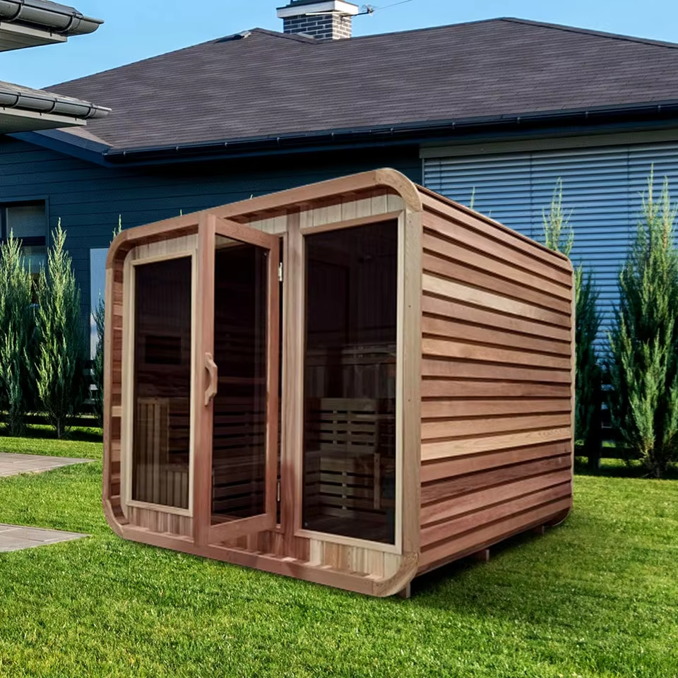 Rounded Outdoor Sauna Pod with Front Porch Benches CSA-637 Exterior angle