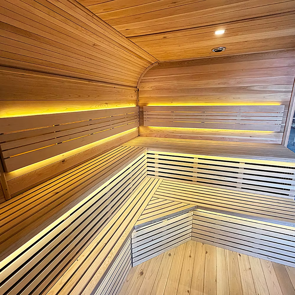Large Glass Front Commercial Sauna Room with L-Bench Layout CSA-639 Exterior angle