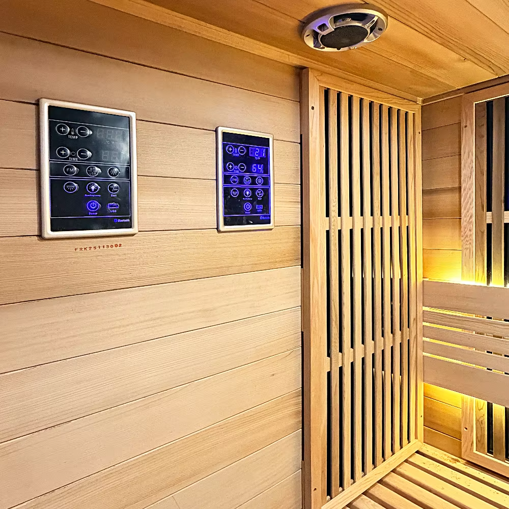 Large Glass Front Commercial Sauna Room with L-Bench Layout CSA-639 Interior view