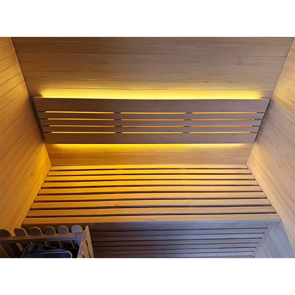 Large Glass Front Commercial Sauna Room with L-Bench Layout CSA-639 Door and glass