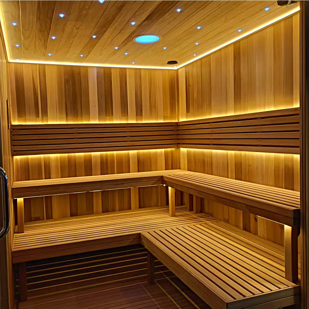 Large Glass Front Commercial Sauna Room with L-Bench Layout CSA-639 Side profile